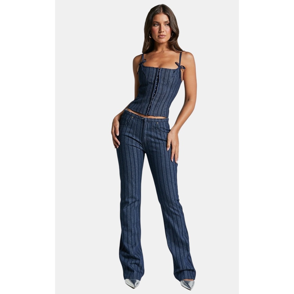 Lioness Charismatic Pinstripe Denim Set Corset Top S and Flare Jeans XS Blue - Picture 2 of 16